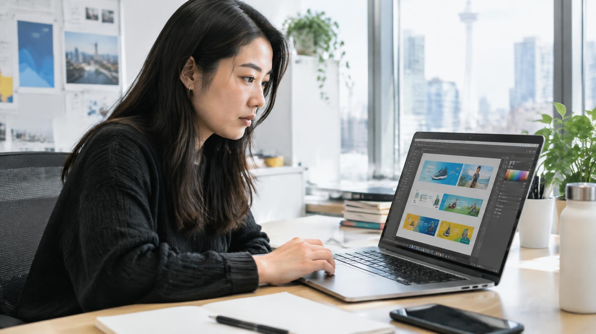 Designer working on display ad banners on a laptop