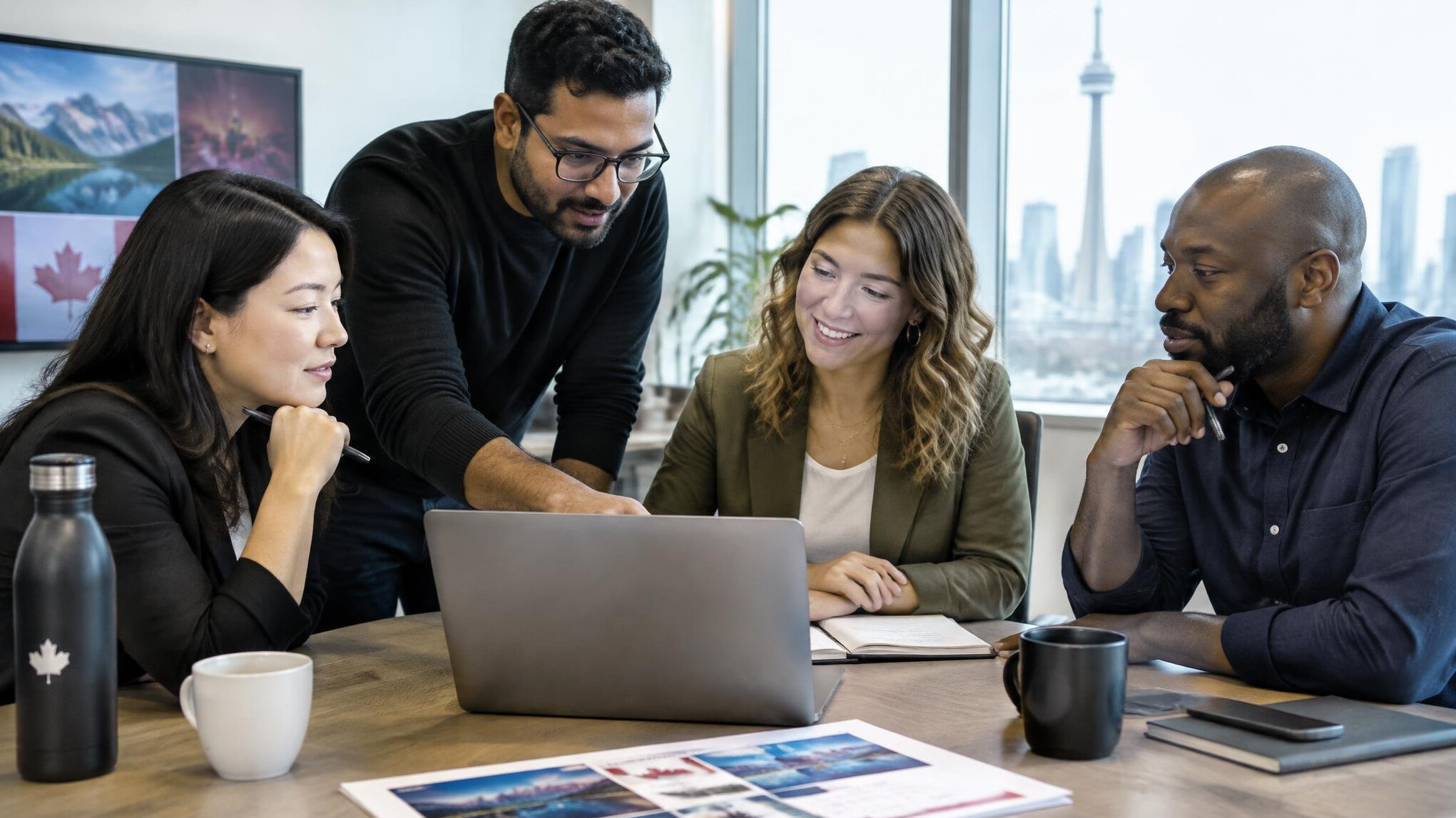 Media partners reviewing a presentation in a meeting